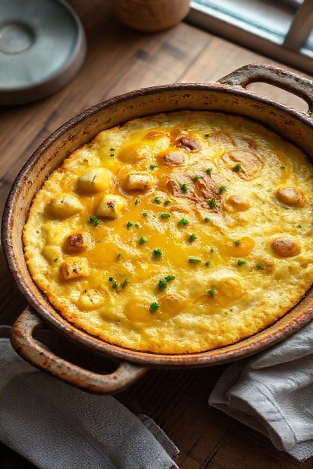 Omelete de forno dourada com batata e queijo derretido, um exemplo prático de Jantar rápido com poucos ingredientes servido em uma assadeira.