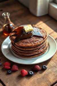 Panqueca de chocolate empilhada com calda e açúcar de confeiteiro, mostrando textura fofa e apetitosa, pronta para ser saboreada.