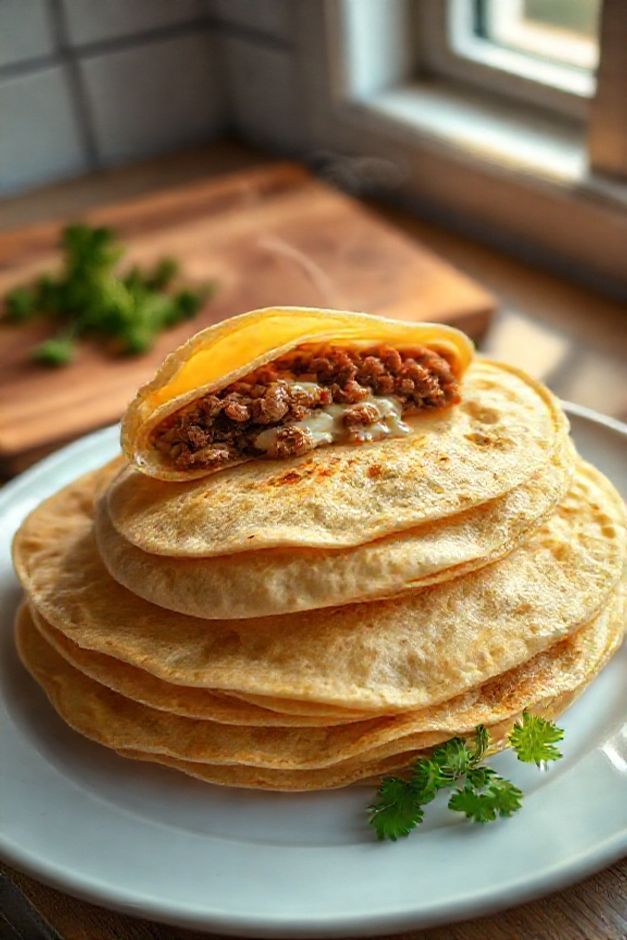 Panquecas douradas e perfeitas empilhadas em um prato branco, mostrando recheio suculento de carne moída. Imagem de como fazer panqueca caseira.
