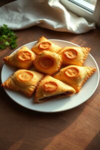 Pastel de forno simples e rápido dourado e crocante em uma assadeira, com recheio de carne visível em uma das pontas.