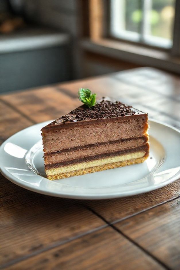 Fatia perfeita de pavê de chocolate caseiro mostrando as camadas cremosas e de biscoito, decorada com granulado. Imagem ilustrativa de como fazer pavê.