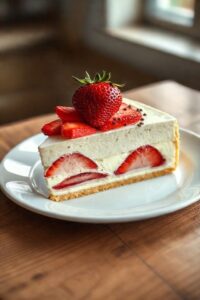 Fatia servida de Pavê de Morango mostrando as camadas de creme, morangos frescos e biscoito, decorada com chocolate.