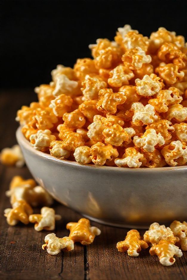 Tigela cheia de pipoca doce caseira, com calda dourada e brilhante, mostrando textura crocante e convidativa.