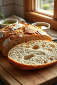 Pão caseiro simples sem sovar recém-assado e fatiado, com casca crocante e dourada e miolo macio e aerado, em cima de tábua de madeira.