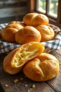 Pão de Queijo de Liquidificador dourado e crocante em uma cesta, alguns partidos ao meio mostrando o interior macio e amarelo com pedaços de queijo.