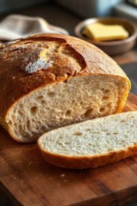 Pão de Vinagre caseiro recém-assado, com casca dourada e crocante, cortado ao meio mostrando o miolo macio e aerado em cima de uma tábua de madeira.