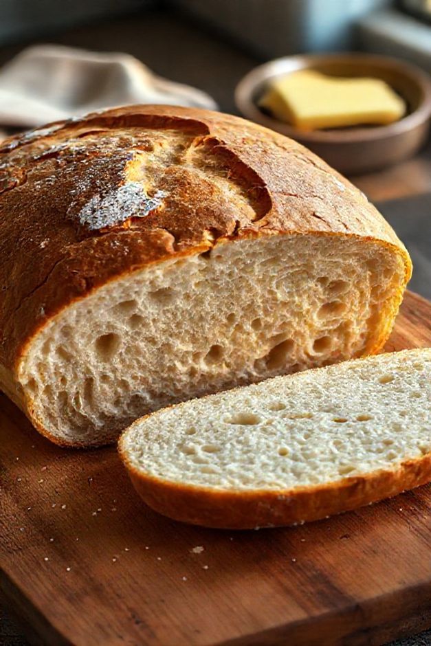 Pão de Vinagre caseiro recém-assado, com casca dourada e crocante, cortado ao meio mostrando o miolo macio e aerado em cima de uma tábua de madeira.