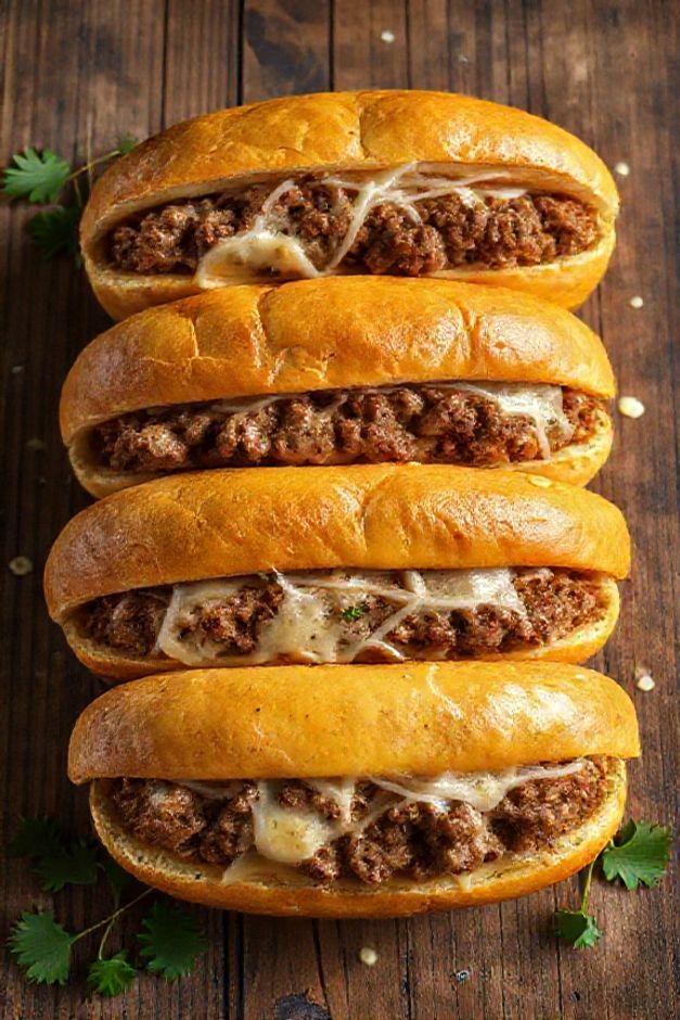 Pão Francês com Carne Moída recheado e gratinado com queijo derretido, servido quente em uma tábua de madeira.