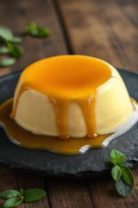 Pudim de leite condensado cremoso desenformado perfeito, com calda dourada escorrendo pelas laterais, mostrando como fazer pudim caseiro.