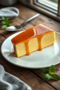 Fatia cremosa de Pudim sem forno e sem ovos servido em um prato branco, com calda dourada escorrendo pelas laterais.