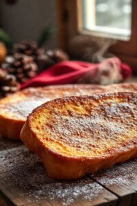 Rabanada Simples de Natal dourada e crocante polvilhada com açúcar e canela, servida em um prato rústico sobre mesa de madeira.