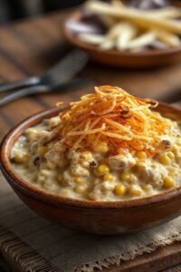 Foto realista do Salpição Tradicional ingredientes pronto: mistura cremosa de frango com milho coberta por batata palha dourada e cebola frita crocante.