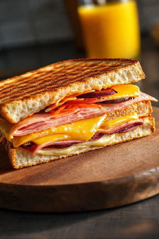 Sanduíche americano ingredientes grelhado e cortado ao meio, mostrando camadas de presunto, queijo derretido e legumes coloridos sobre uma tábua de madeira.