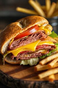 Sanduíche Bauru ingredientes montado e cortado ao meio, mostrando camadas de rosbife, queijo derretido, tomate, alface e picles no pão crocante.