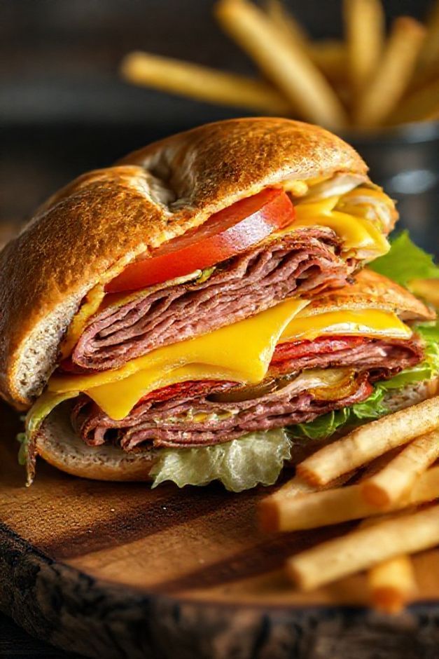 Sanduíche Bauru ingredientes montado e cortado ao meio, mostrando camadas de rosbife, queijo derretido, tomate, alface e picles no pão crocante.