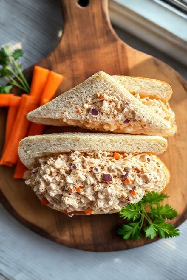 Sanduíche natural ingredientes de frango com cenoura cortado em triângulos sobre tábua de madeira, mostrando recheio cremoso e acompanhado de palitos de cenoura fresca.