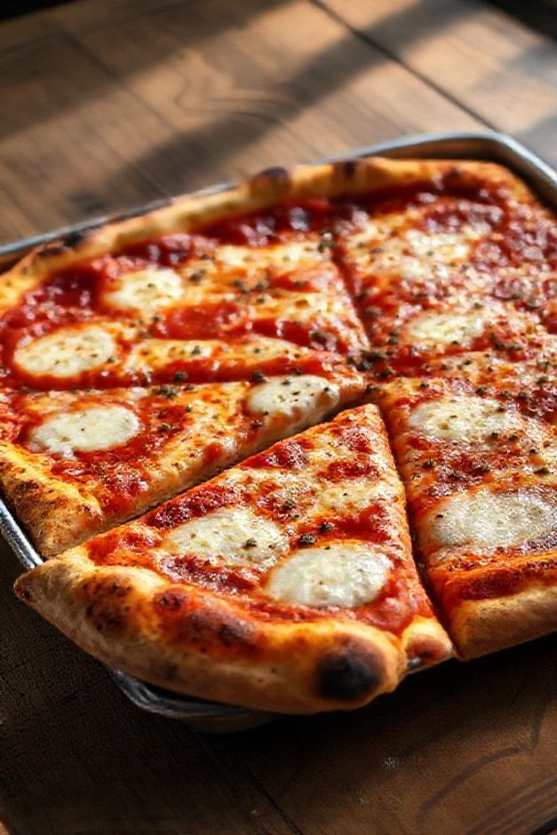 Pizza siciliana recém-assada em forma retangular, com massa espessa dourada, molho vermelho vibrante e queijo mussarela derretido e borbulhante.