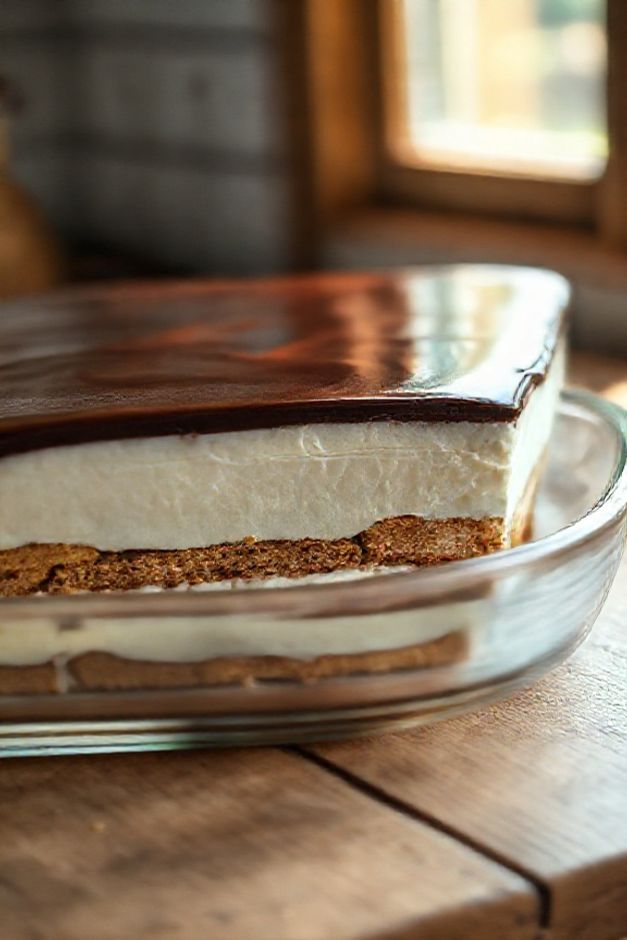Fatia da Sobremesa Amansa Sogra mostrando camadas de creme branco, bolacha e cobertura brilhante de chocolate em um prato.
