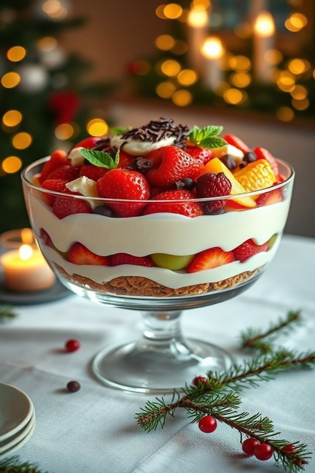 Sobremesa de Natal na travessa em camadas com creme branco, frutas variadas como morango e pêssego, coberta com raspas de chocolate e hortelã.