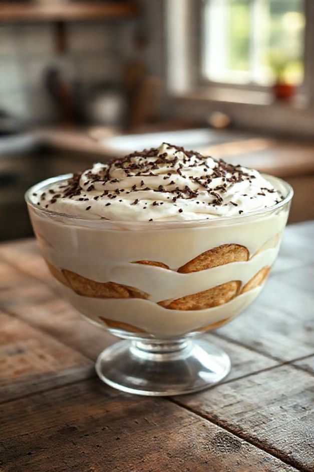 Sobremesa gelada com biscoito maisena servida em taça de vidro mostrando camadas cremosas brancas e biscoitos amarelados, coberta com granulado de chocolate.
