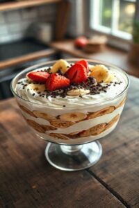 Foto realista da Sobremesa na Travessa Rápida finalizada, mostrando camadas cremosas com biscoitos, frutas frescas e chocolate granulado em uma travessa de vidro.