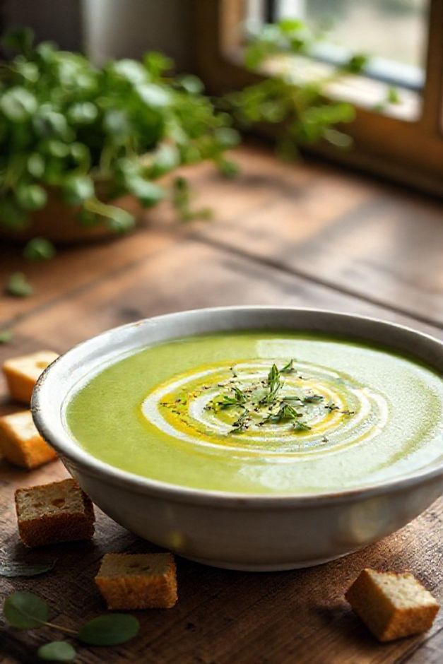 Tigela de Sopa de Ervilha Ingredientes cremosa na cor verde suave, finalizada com azeite, pimenta e croutons crocantes ao lado.
