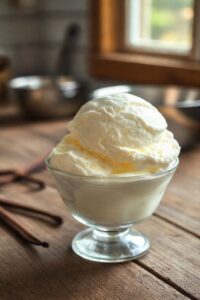 Sorvete caseiro de baunilha cremoso servido em taça, mostrando textura macia e cor suave. Prato resultado do tutorial como fazer sorvete caseiro.