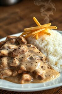 Prato finalizado de Strogonoff de Carne ingredientes: carne em tiras com molho cremoso, acompanhado de arroz branco e batata palha crocante.