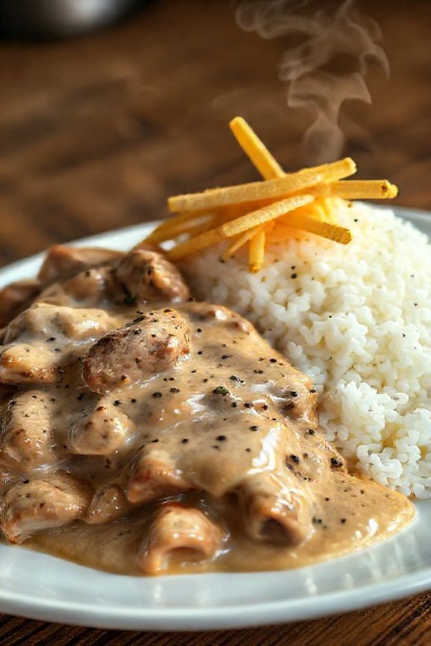Prato finalizado de Strogonoff de Carne ingredientes: carne em tiras com molho cremoso, acompanhado de arroz branco e batata palha crocante.