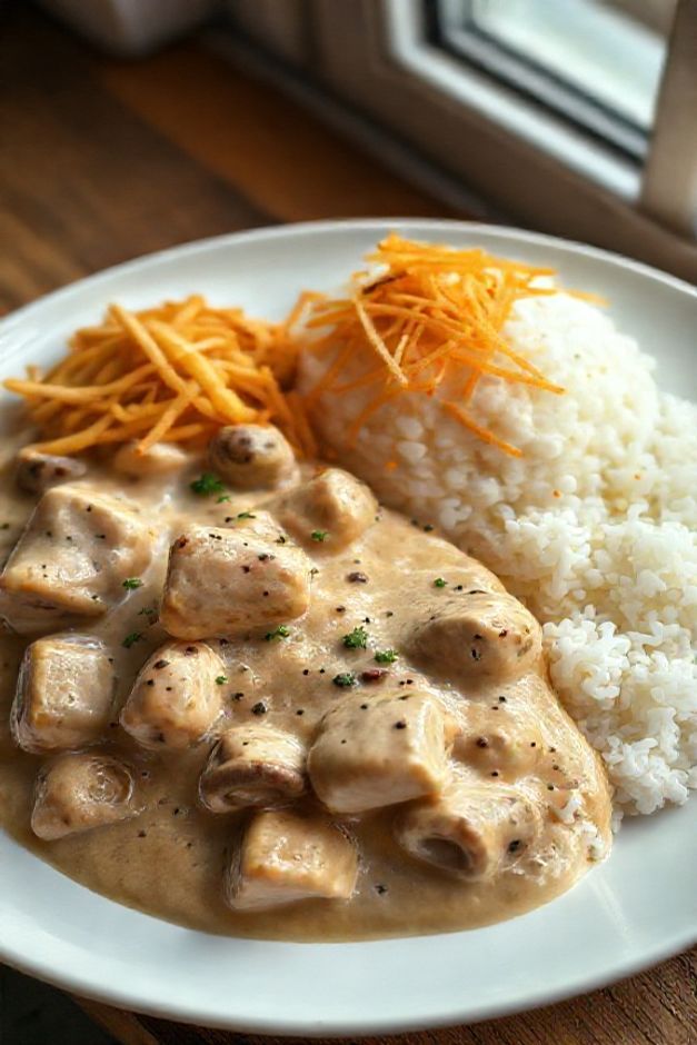 Prato cremoso de strogonoff ingredientes com frango, molho aveludado, arroz branco e batata palha crocante por cima.
