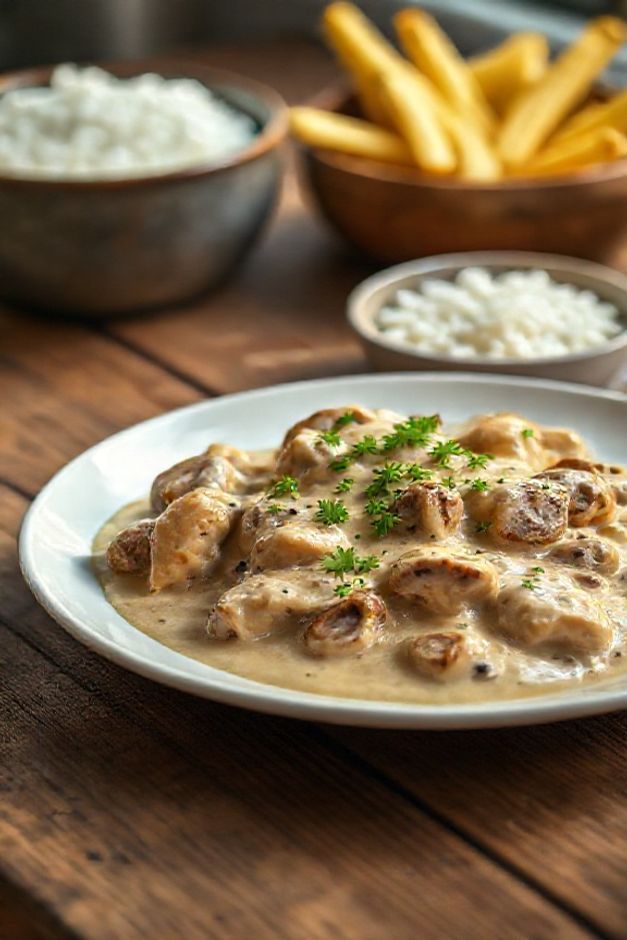 Prato cremoso de Strogonoff de Frango Ingredientes com molho aveludado, frango dourado, champignons e salsa fresca, servido em arroz.