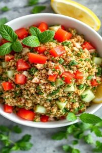 Foto realista de um Tabule ingredientes tradicional, mostrando a salada colorida com trigo, tomate, pepino e muitas ervas frescas em uma tigela branca.