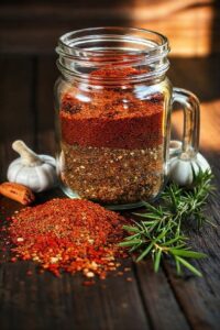 Pote de vidro com Tempero Completo Ingredientes caseiro colorido, derramado sobre uma tábua de madeira rústica com alho e pimentas.