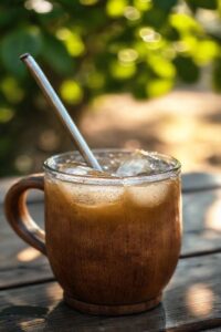 Foto realista de um Tereré tradicional em uma cuia de madeira com água gelada e gelo, mostrando como fazer tereré de forma refrescante.