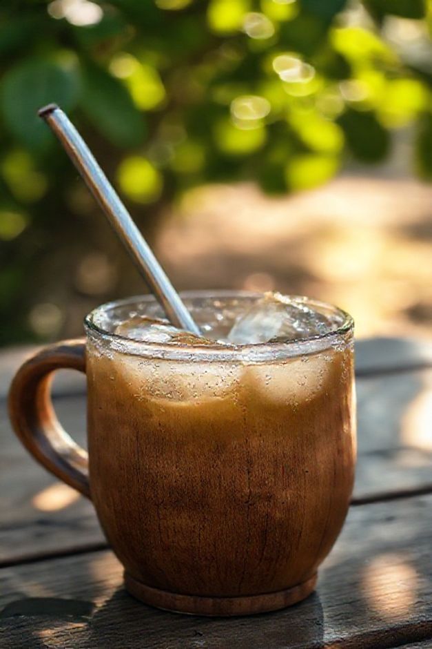 Foto realista de um Tereré tradicional em uma cuia de madeira com água gelada e gelo, mostrando como fazer tereré de forma refrescante.