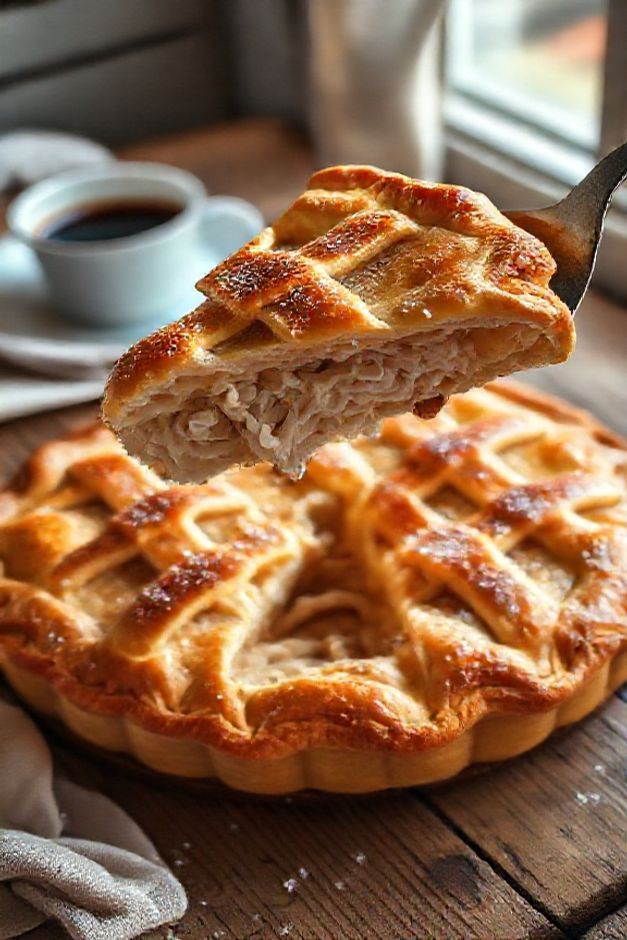 Torta com fermento biológico recém-assada, com crosta dourada em formato de treliça e recheio de frango visível, sobre tábua de madeira.