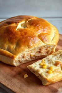Torta com fermento biológico seco recém-assada, dourada e fofinha, com um pedaço cortado mostrando o recheio de frango.