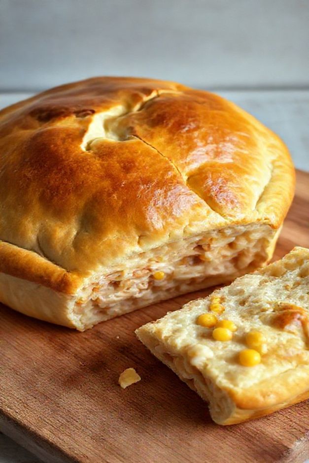 Torta com fermento biológico seco recém-assada, dourada e fofinha, com um pedaço cortado mostrando o recheio de frango.