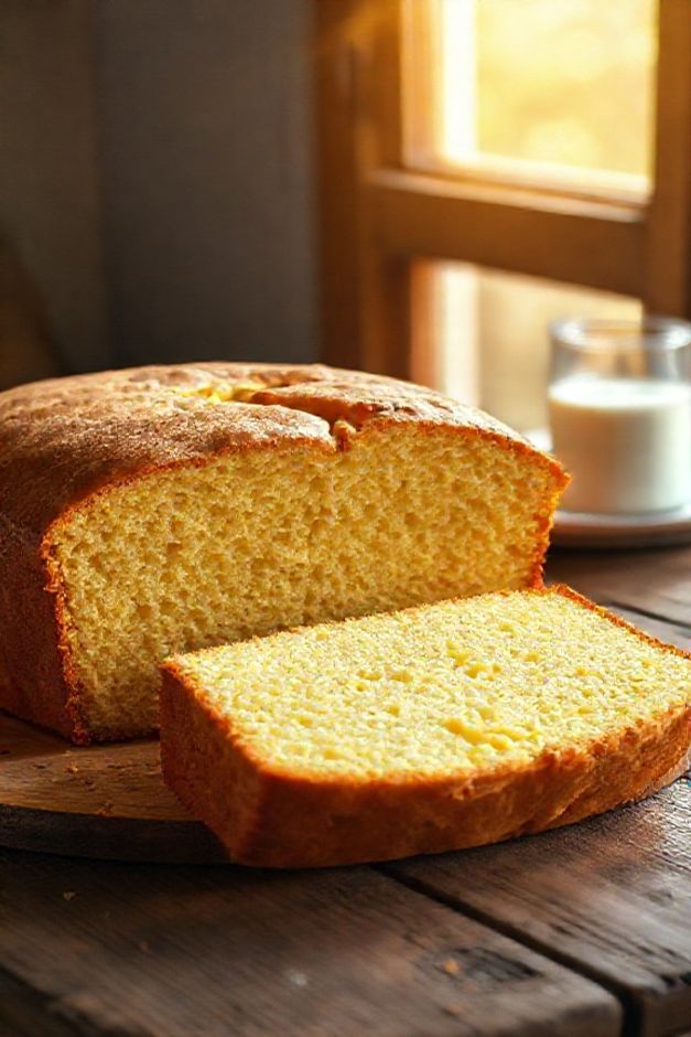 Torta de liquidificador ingredientes dourada e fofa, cortada ao meio para mostrar seu miolo macio e úmido, em cima de uma tábua de madeira.