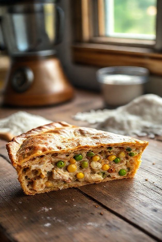 Fatia generosa de Torta de Liquidificador Integral dourada, com recheio cremoso de frango e legumes, sobre tábua de madeira.