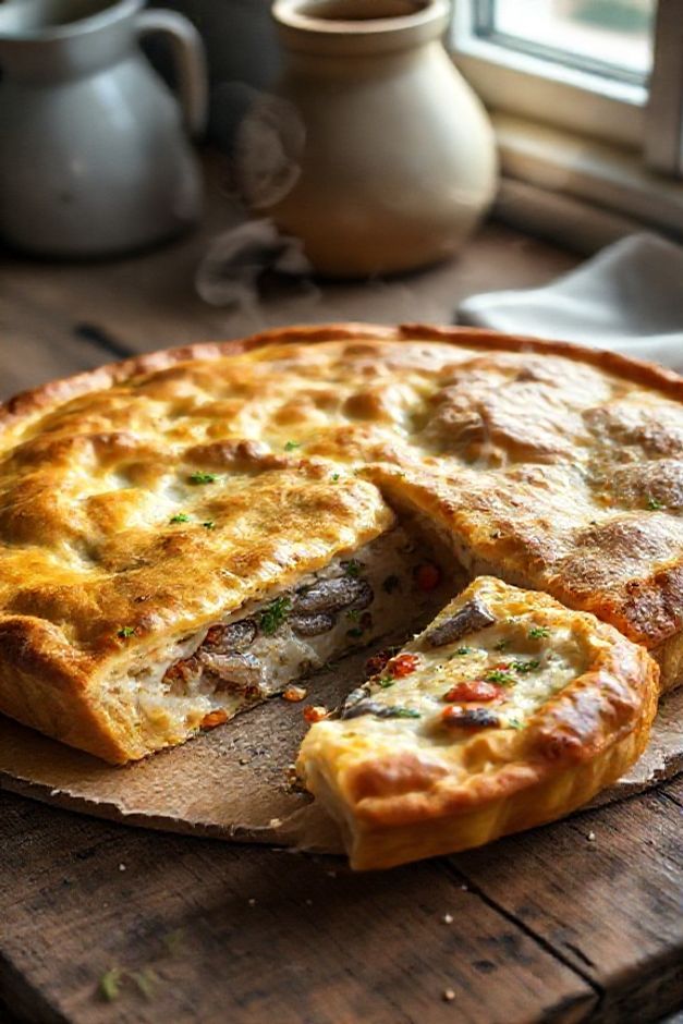 Foto realista de uma torta de sardinha ingredientes assada, dourada e crocante, com uma fatia cortada mostrando o recheio cremoso com pedaços do peixe.