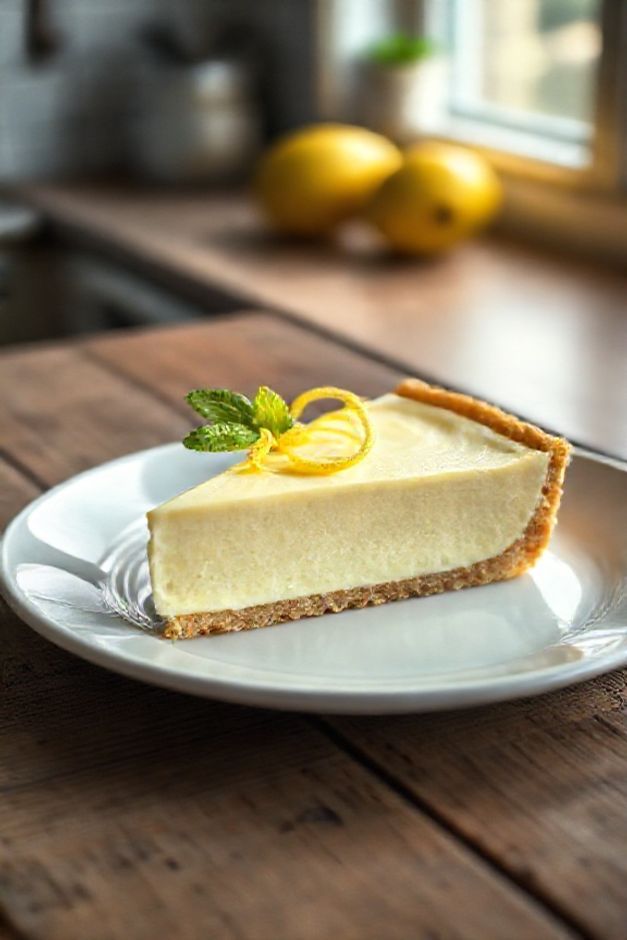 Fatia generosa de Torta Doce Sem Forno de Limão com recheio amarelo claro e cremoso, base crocante e decorada com raspas de limão.