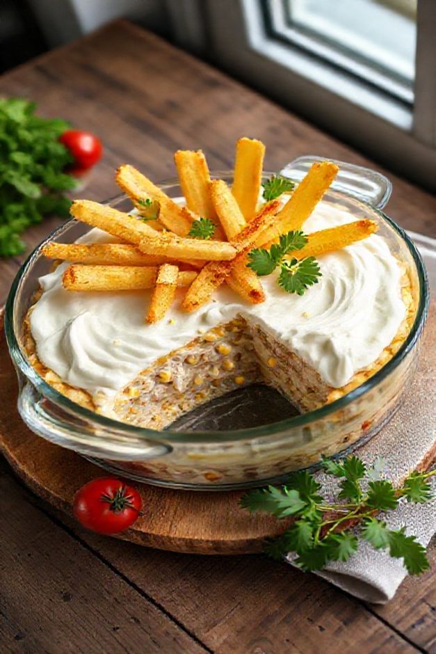 Torta fria ingredientes transformados em um prato cremoso com camadas de frango, milho, requeijão e biscoito, decorado com batata palha dourada.