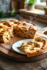 Fatia de torta salgada caseira com massa dourada e crocante, recheio cremoso de milho, salsicha e queijo derretido, em uma tábua de madeira.