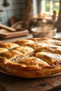 Torta salgada para 80 pessoas ingredientes: grande torta dourada cortada em quadrados, mostrando recheio cremoso de frango e palmito.