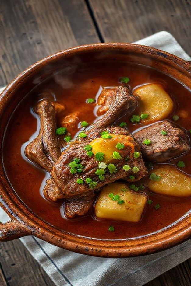 Prato finalizado da Vaca Atolada ingredientes: costelinha suína e mandioca em pedaços em um caldo encorpado e aromático, decorado com ervas frescas.