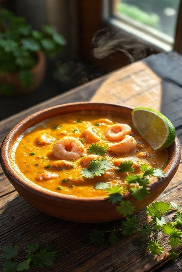Prato tradicional brasileiro Vatapá servido em tigela de barro, com textura cremosa laranja-amarelada, pedaços de camarão rosa e coentro verde fresco.