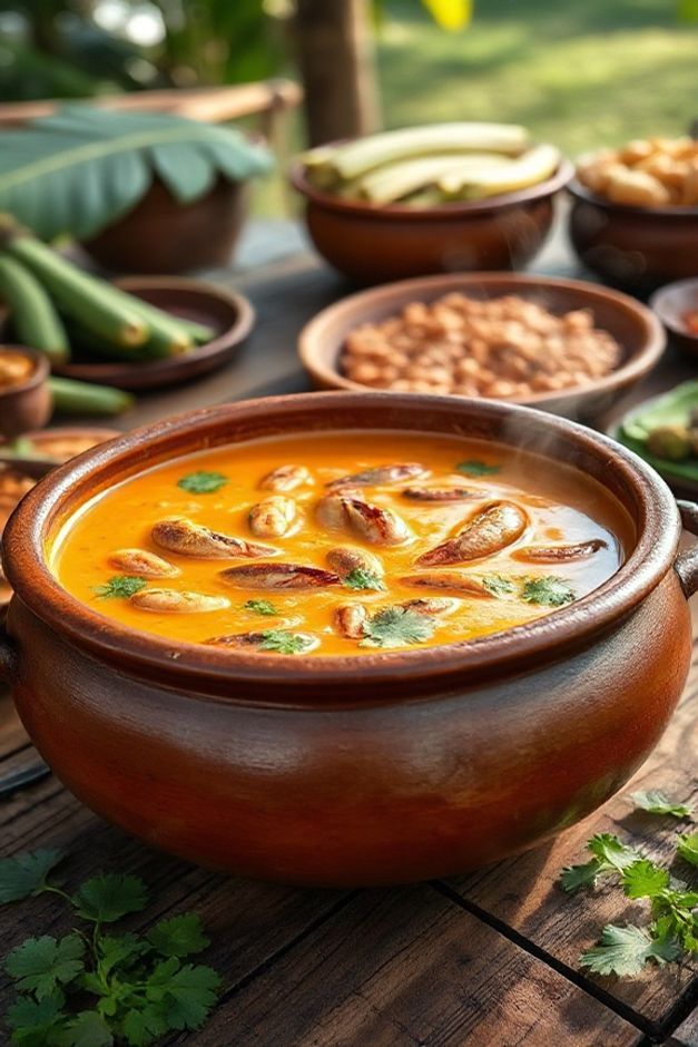 Foto realista de um Vatapá para 100 pessoas ingredientes servido em uma panela de barro grande, cremoso e na cor laranja vibrante do dendê, com camarões à vista.